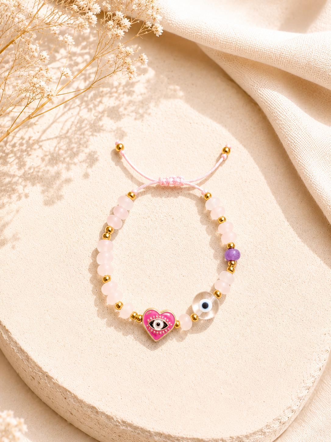 Pink Evil Eye Heart Adjustable Beaded Bracelet
