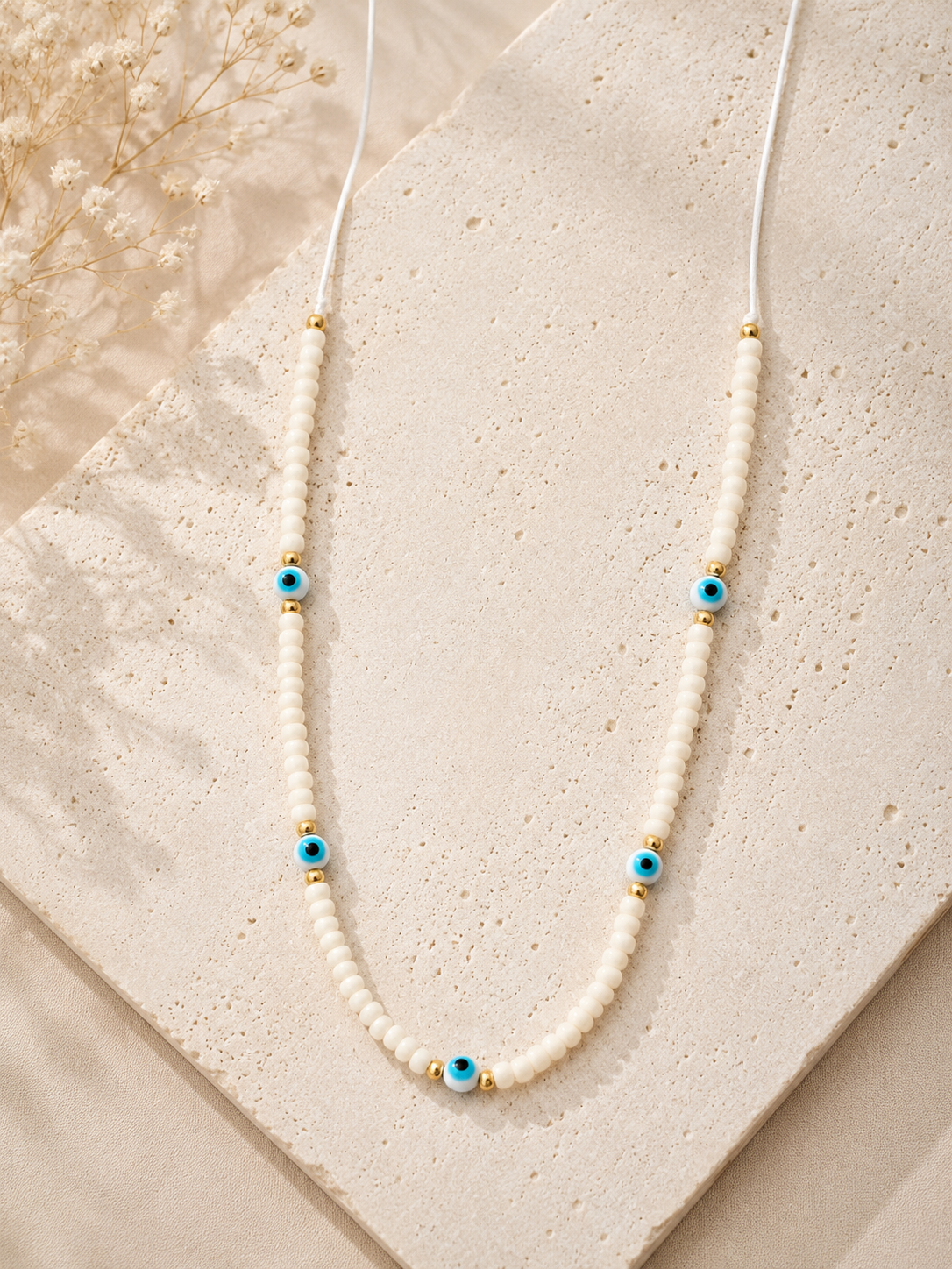 Ivory Evil Eye Seed Bead Adjustable Necklace
