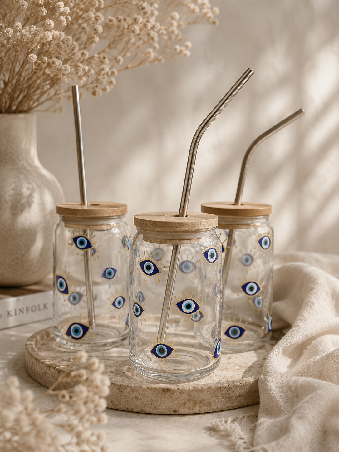 Evil Eye Glass Can with Bamboo Lid & Straw