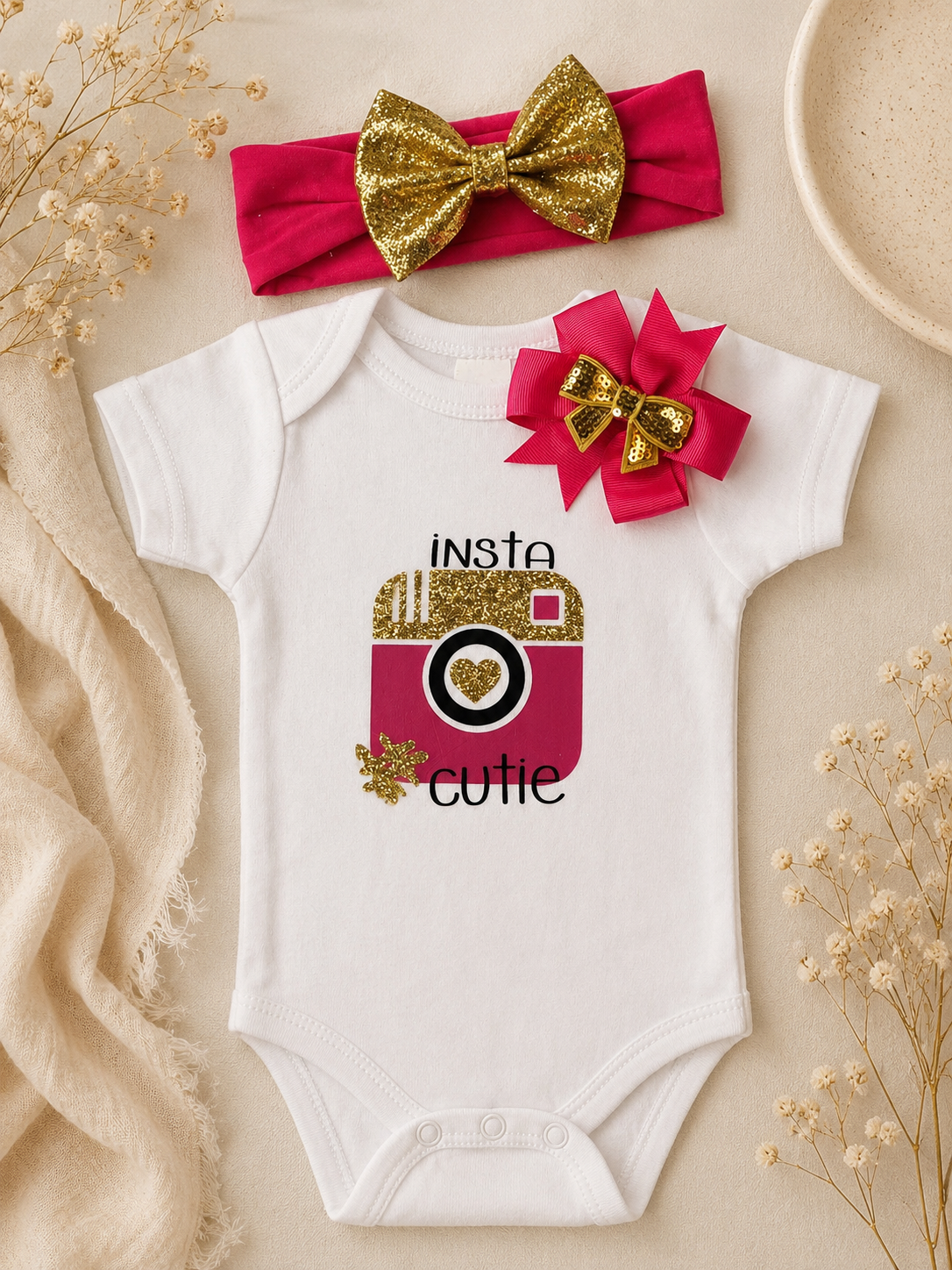 Insta Cutie Baby Bodysuit with Matching Headband | Baby Girl Outfit | Baby Shower Gift